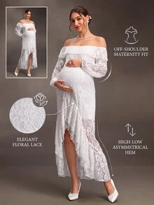 Cheriluna Maternity 白色蕾絲拼接孕婦優雅休閒洋裝，適合夏季/婚禮拍照/秋季孕婦穿著 - 白色 - 查看 1
