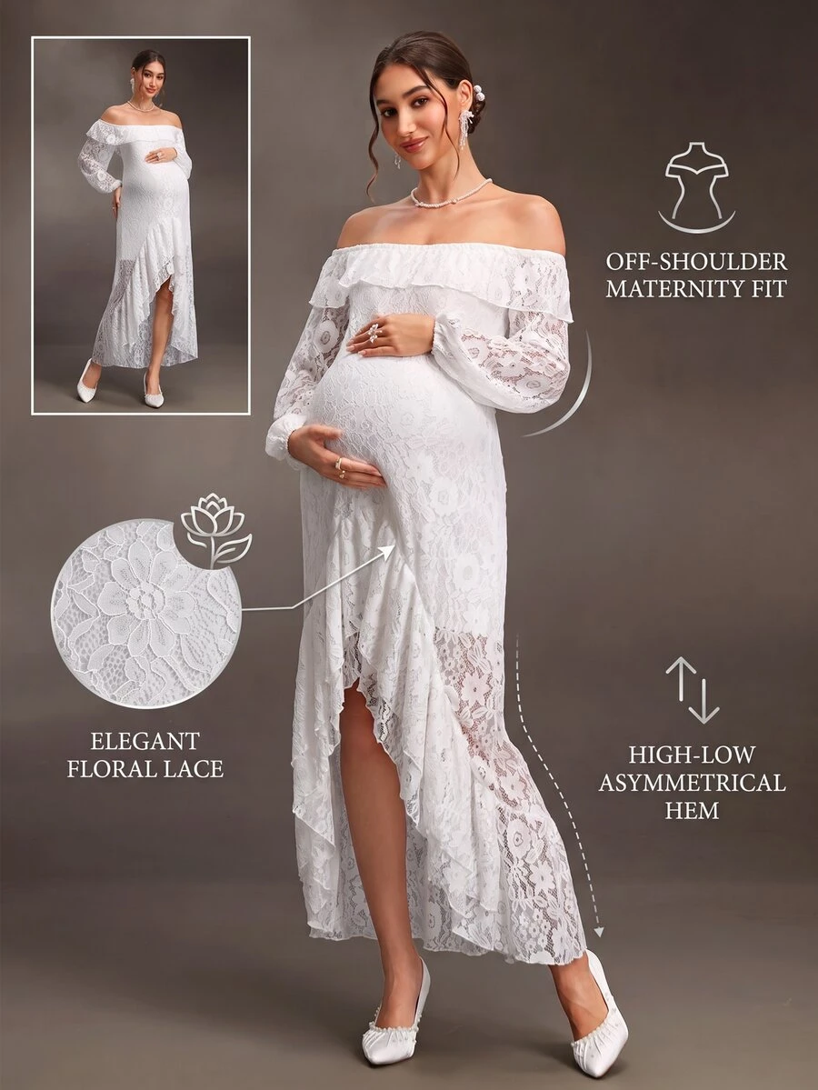 Cheriluna Maternity 白色蕾絲拼接孕婦優雅休閒洋裝，適合夏季/婚禮拍照/秋季孕婦穿著 - 白色 - 查看 1