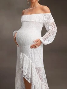 Cheriluna Maternity 白色蕾絲拼接孕婦優雅休閒洋裝，適合夏季/婚禮拍照/秋季孕婦穿著 - 白色 - 查看 3