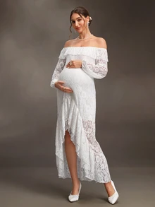 Cheriluna Maternity 白色蕾絲拼接孕婦優雅休閒洋裝，適合夏季/婚禮拍照/秋季孕婦穿著 - 白色 - 查看 5