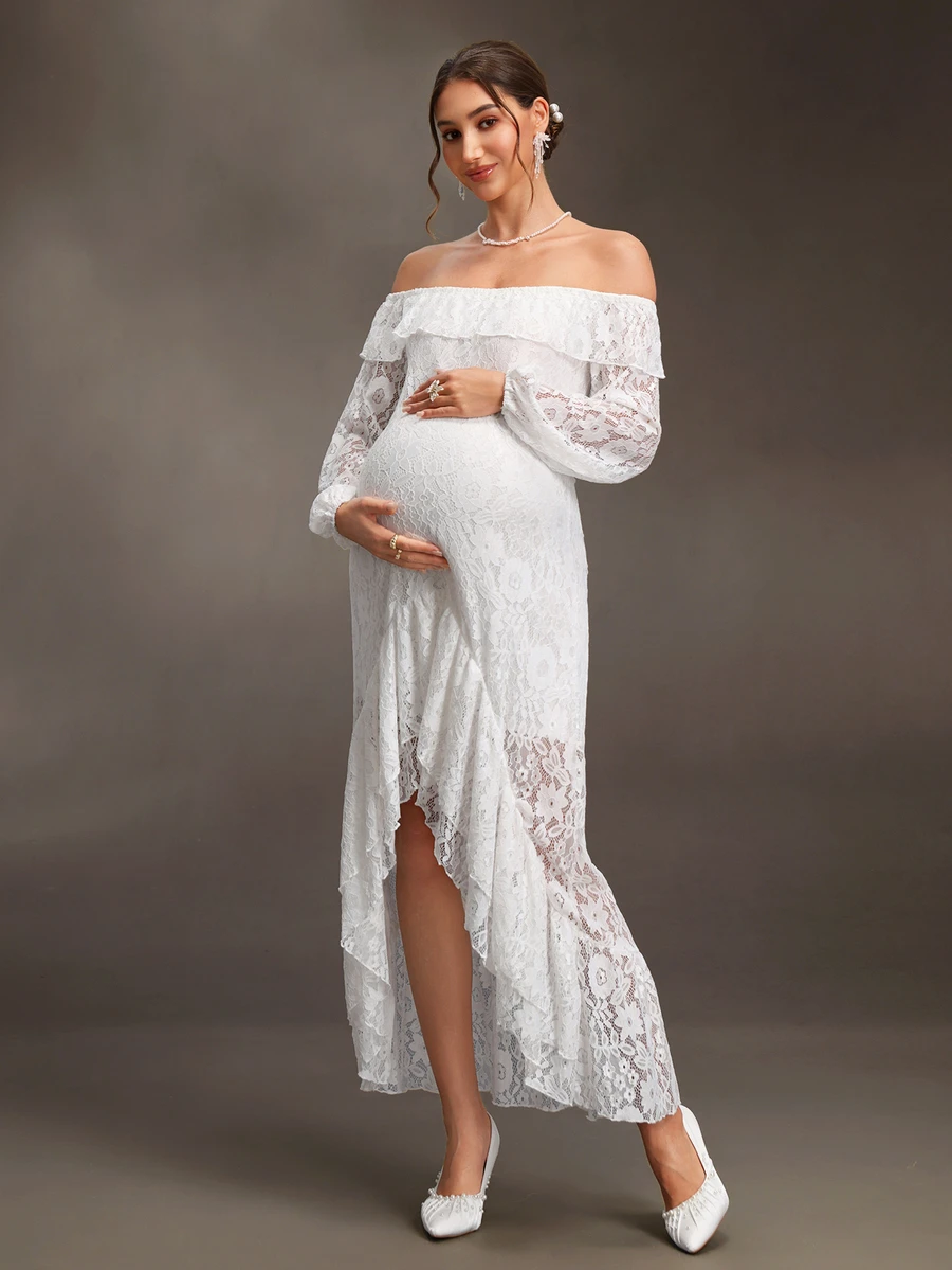 Cheriluna Maternity White Lace Patchwork Maternity Elegant Maternity Casual Dress For Summer/ Wedding Photoshoot Maternity Fall - White - View 1