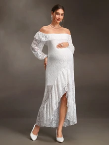 Cheriluna Maternity 白色蕾絲拼接孕婦優雅休閒洋裝，適合夏季/婚禮拍照/秋季孕婦穿著 - 白色 - 查看 4