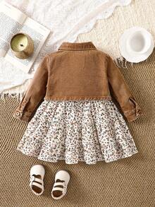 SHEIN Young Girl Woven Casual Open Front Cardigan & Ditsy Floral Camisole Dress 2-Piece Set - Khaki - View 8