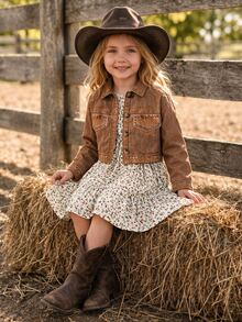 SHEIN Young Girl Woven Casual Open Front Cardigan & Ditsy Floral Camisole Dress 2-Piece Set - Khaki - View 3