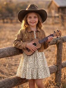 SHEIN Young Girl Woven Casual Open Front Cardigan & Ditsy Floral Camisole Dress 2-Piece Set - Khaki - View 2