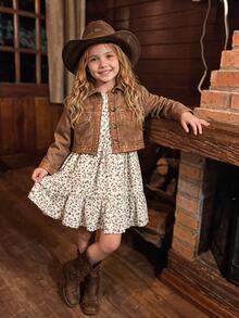 SHEIN Young Girl Woven Casual Open Front Cardigan & Ditsy Floral Camisole Dress 2-Piece Set - Khaki - View 6