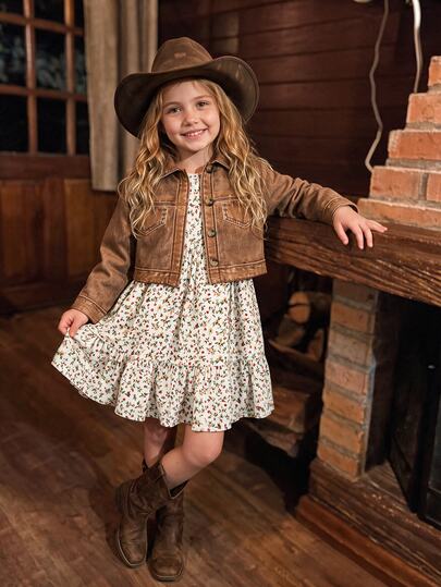SHEIN Young Girl Woven Casual Open Front Cardigan & Ditsy Floral Camisole Dress 2-Piece Set
