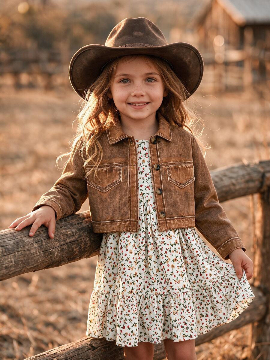SHEIN Young Girl Woven Casual Open Front Cardigan & Ditsy Floral Camisole Dress 2-Piece Set - Khaki - View 1