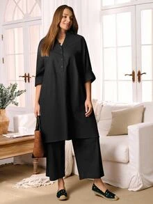 Rosumi Plus Size Women's Solid Color Long Top And Long Pants Casual Daily 2-Piece Set Fall - Black - View 7
