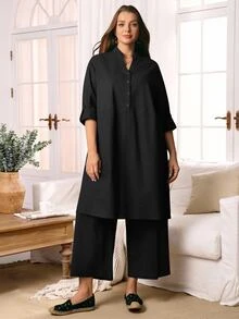 Rosumi Plus Size Women's Solid Color Long Top And Long Pants Casual Daily 2-Piece Set Fall - Black - View 2