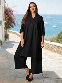 Rosumi Plus Size Women's Solid Color Long Top And Long Pants Casual Daily 2-Piece Set Fall - Black - View 5