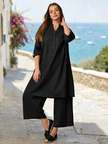 Rosumi Plus Size Women's Solid Color Long Top And Long Pants Casual Daily 2-Piece Set Fall - Black - View 6