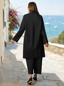 Rosumi Plus Size Women's Solid Color Long Top And Long Pants Casual Daily 2-Piece Set Fall - Black - View 4