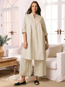 Rosumi Plus Size Women's Spring/Autumn Casual Commuting Simple Solid Notched Neck Roll Tab Sleeve Long Shirt And Wide Leg Pants 2-Piece Set Fall - Apricot - View 2
