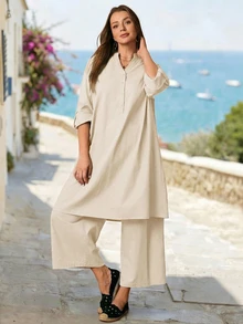 Rosumi Plus Size Women's Spring/Autumn Casual Commuting Simple Solid Notched Neck Roll Tab Sleeve Long Shirt And Wide Leg Pants 2-Piece Set Fall - Apricot - View 5