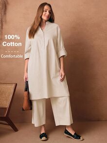 Rosumi Plus Size Women's Spring/Autumn Casual Commuting Simple Solid Notched Neck Roll Tab Sleeve Long Shirt And Wide Leg Pants 2-Piece Set Fall - Apricot - View 1