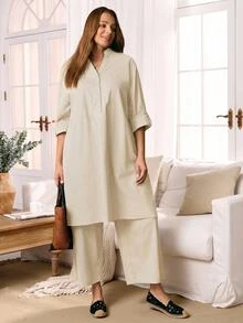 Rosumi Plus Size Women's Spring/Autumn Casual Commuting Simple Solid Notched Neck Roll Tab Sleeve Long Shirt And Wide Leg Pants 2-Piece Set Fall - Apricot - View 7