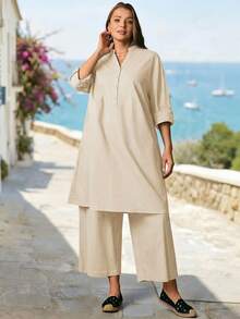 Rosumi Plus Size Women's Spring/Autumn Casual Commuting Simple Solid Notched Neck Roll Tab Sleeve Long Shirt And Wide Leg Pants 2-Piece Set Fall - Apricot - View 3