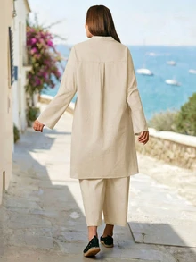 Rosumi Plus Size Women's Spring/Autumn Casual Commuting Simple Solid Notched Neck Roll Tab Sleeve Long Shirt And Wide Leg Pants 2-Piece Set Fall - Apricot - View 4