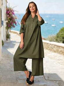 Rosumi Plus Size Solid Color Vacation Casual Traditional Baggy Shirt And Pants 2 Pieces Set Autumn Brunch Formal Birthday Formal Office Olive Green - Army Green - View 3