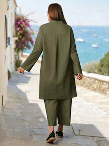 Rosumi Plus Size Solid Color Vacation Casual Traditional Baggy Shirt And Pants 2 Pieces Set Autumn Brunch Formal Birthday Formal Office Olive Green - Army Green - View 6