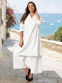 Rosumi Plus Size Women's Solid Color Rolled Sleeve Long Shirt And Pants Casual Normal 2 Pieces Set Autumn Vacation Office Allover White - White - View 2
