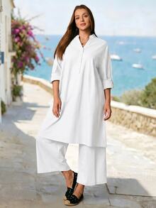 Rosumi Plus Size Women's Solid Color Rolled Sleeve Long Shirt And Pants Casual Normal 2 Pieces Set Autumn Vacation Office Allover White - White - View 6