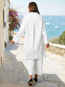 Rosumi Plus Size Women's Solid Color Rolled Sleeve Long Shirt And Pants Casual Normal 2 Pieces Set Autumn Vacation Office Allover White - White - View 5