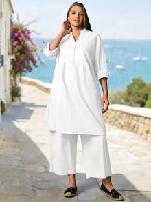Rosumi Plus Size Women's Solid Color Rolled Sleeve Long Shirt And Pants Casual Normal 2 Pieces Set Autumn Vacation Office Allover White - White - View 3