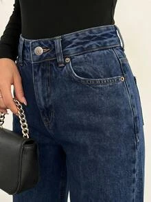 SHEIN Plus High Waist Regular Fit Button Front Casual Style Dark Blue Wash Wideleg Jean - Dark Wash - View 4