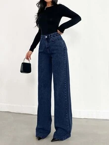 SHEIN Plus High Waist Regular Fit Button Front Casual Style Dark Blue Wash Wideleg Jean - Dark Wash - View 1
