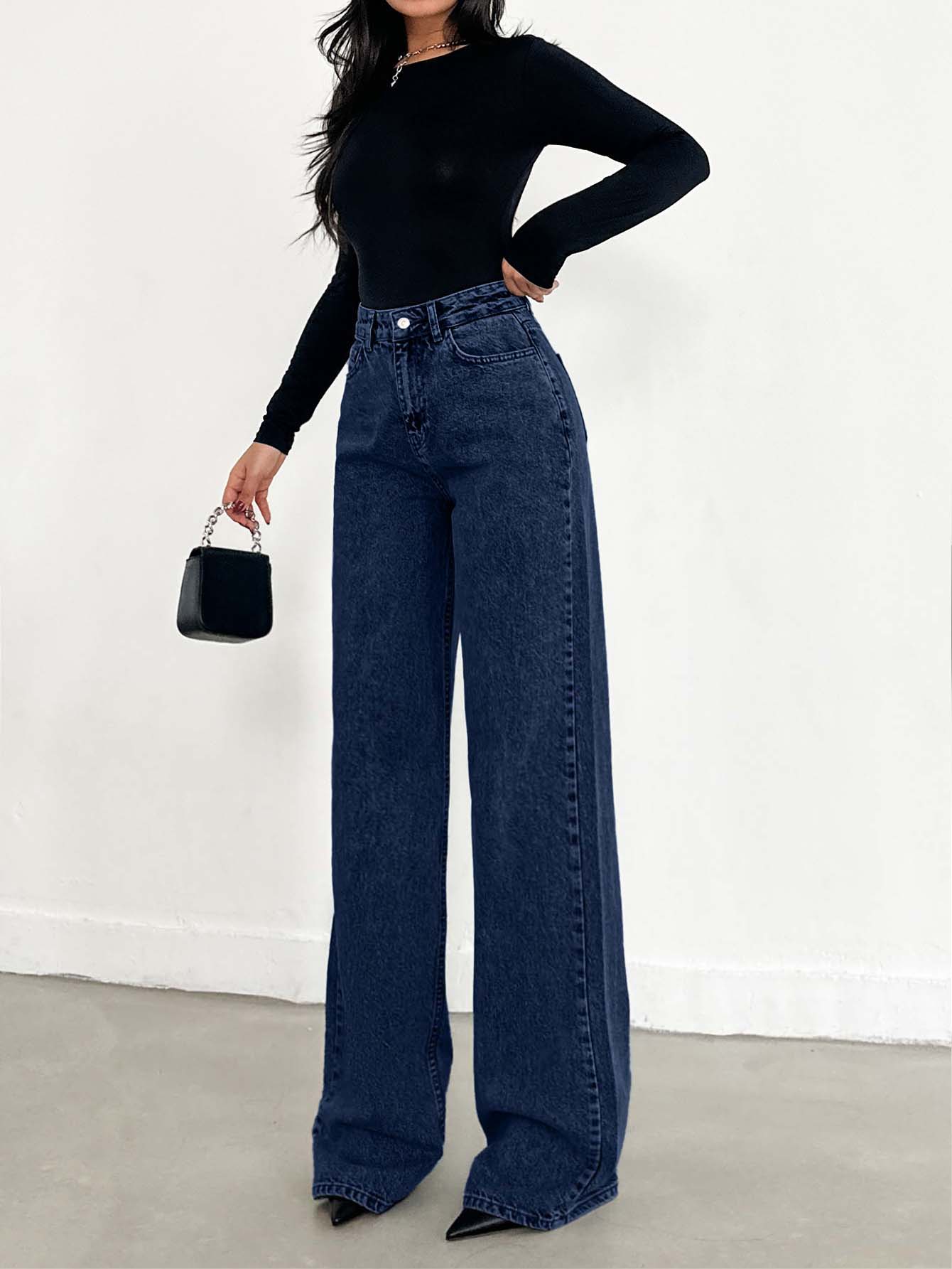 SHEIN Plus High Waist Regular Fit Button Front Casual Style Dark Blue Wash Wideleg Jean - Dark Wash - View 1