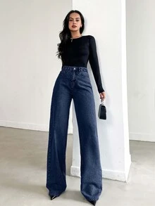 SHEIN Plus High Waist Regular Fit Button Front Casual Style Dark Blue Wash Wideleg Jean - Dark Wash - View 3