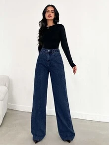 SHEIN Plus High Waist Regular Fit Button Front Casual Style Dark Blue Wash Wideleg Jean - Dark Wash - View 7