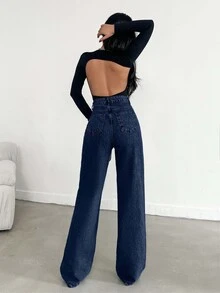 SHEIN Plus High Waist Regular Fit Button Front Casual Style Dark Blue Wash Wideleg Jean - Dark Wash - View 2