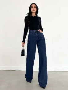 SHEIN Plus High Waist Regular Fit Button Front Casual Style Dark Blue Wash Wideleg Jean - Dark Wash - View 8
