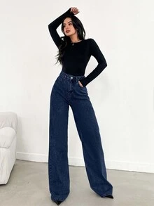 SHEIN Plus High Waist Regular Fit Button Front Casual Style Dark Blue Wash Wideleg Jean - Dark Wash - View 6
