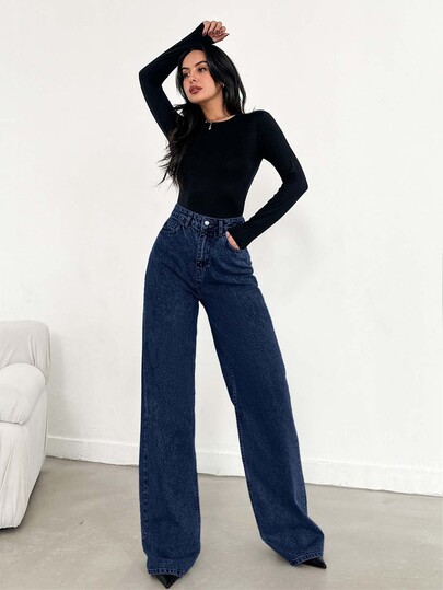 SHEIN Plus High Waist Regular Fit Button Front Casual Style Dark Blue Wash Wideleg Jean