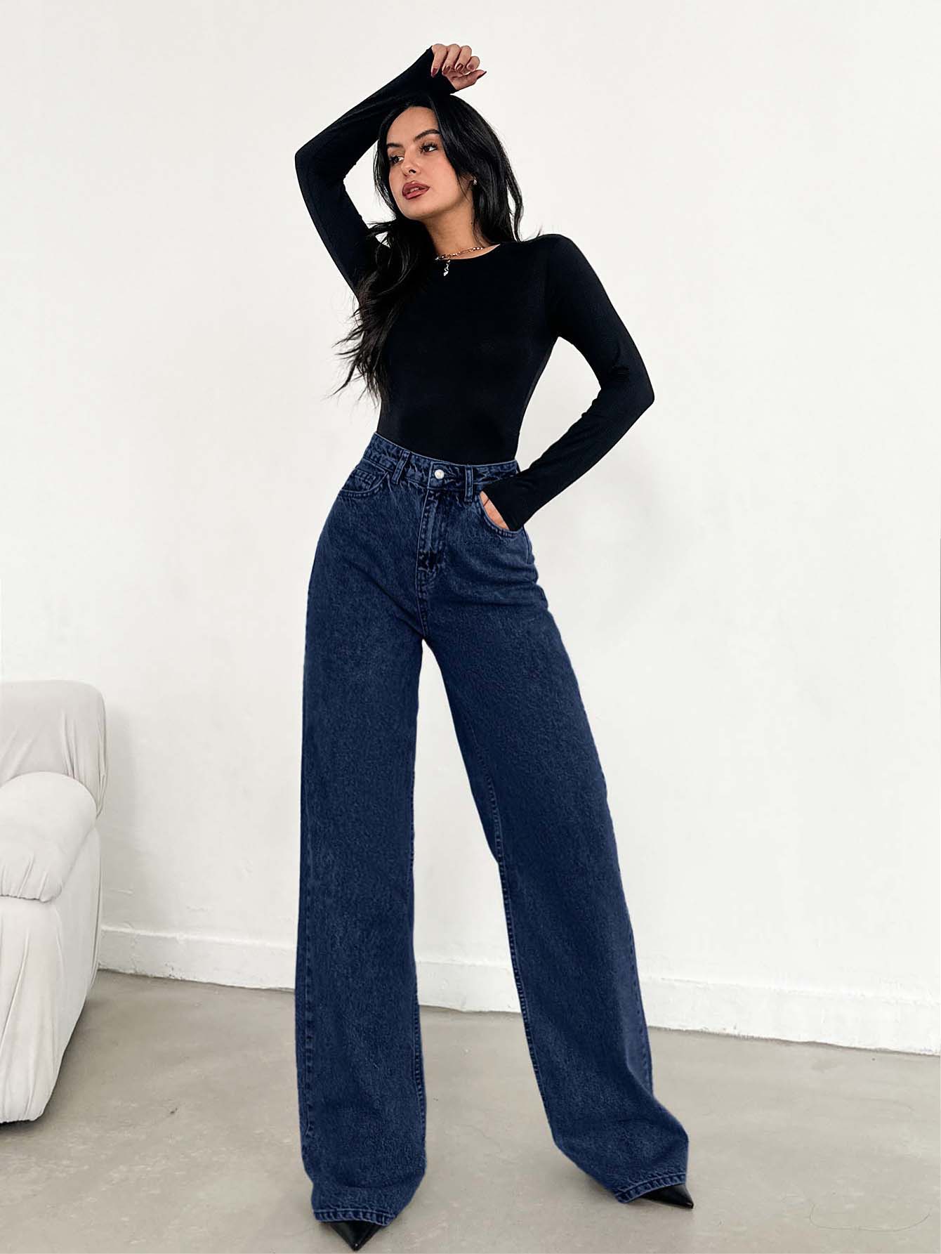 SHEIN Plus High Waist Regular Fit Button Front Casual Cargo Style Dark Blue Wash Wideleg Jean Vacation Going Out - Dark Wash - View 1