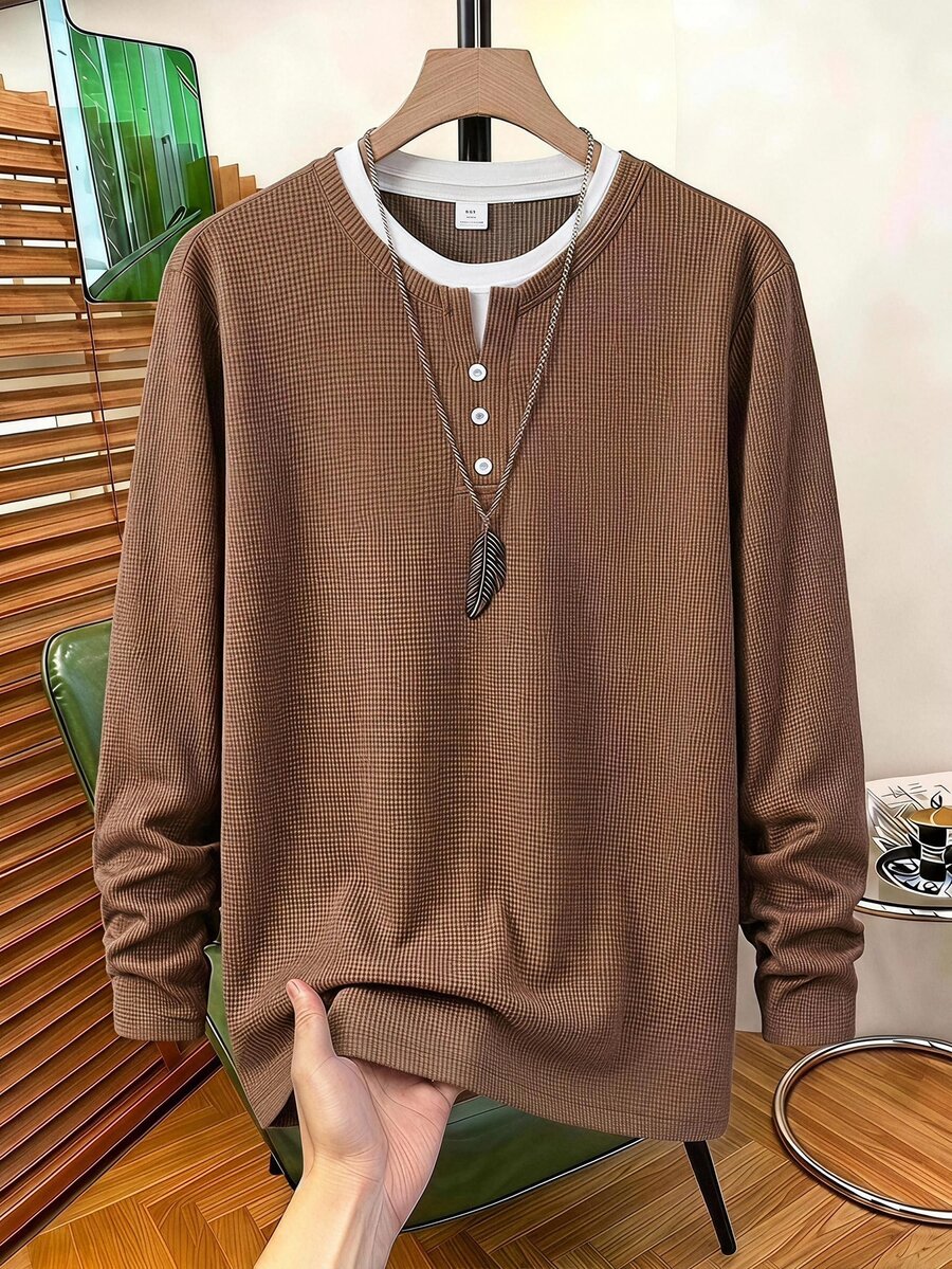 SHEIN Teen Boys Round Neck Long Sleeve Contrast Color Collar & Cuff Spring/Autumn T-Shirt - Coffee Brown - View 1