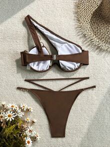 Costavie Stylish Brown Bikini For Women, Metal Chain Detail And One Shoulder Design For Summer Beach - Coffee Brown - View 8