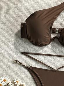 Costavie Stylish Brown Bikini For Women, Metal Chain Detail And One Shoulder Design For Summer Beach - Coffee Brown - View 7
