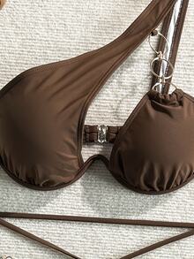 Costavie Stylish Brown Bikini For Women, Metal Chain Detail And One Shoulder Design For Summer Beach - Coffee Brown - View 4