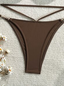 Costavie Stylish Brown Bikini For Women, Metal Chain Detail And One Shoulder Design For Summer Beach - Coffee Brown - View 5