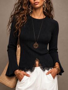 SHEIN Pullover Rajut Wanita Musim Gugur/Dingin Warna Polos Leher Bulat Potongan Slim Fit Bergaris dengan Patchwork Renda, Pakaian Elegan - Hitam - View 4