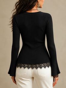 SHEIN Pullover Rajut Wanita Musim Gugur/Dingin Warna Polos Leher Bulat Potongan Slim Fit Bergaris dengan Patchwork Renda, Pakaian Elegan - Hitam - View 2