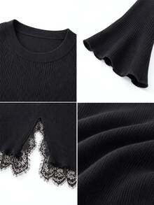 SHEIN Pullover Rajut Wanita Musim Gugur/Dingin Warna Polos Leher Bulat Potongan Slim Fit Bergaris dengan Patchwork Renda, Pakaian Elegan - Hitam - View 5