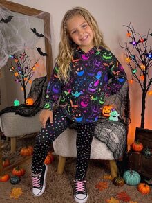 SHEIN Young Girl Knitted Halloween Pattern Hoodie Casual Sweatshirt And Long Pants 2 Pieces Set - Multicolor - View 3