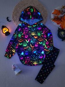 SHEIN Young Girl Knitted Halloween Pattern Hoodie Casual Sweatshirt And Long Pants 2 Pieces Set - Multicolor - View 4