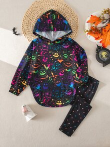 SHEIN Young Girl Knitted Halloween Pattern Hoodie Casual Sweatshirt And Long Pants 2 Pieces Set - Multicolor - View 5